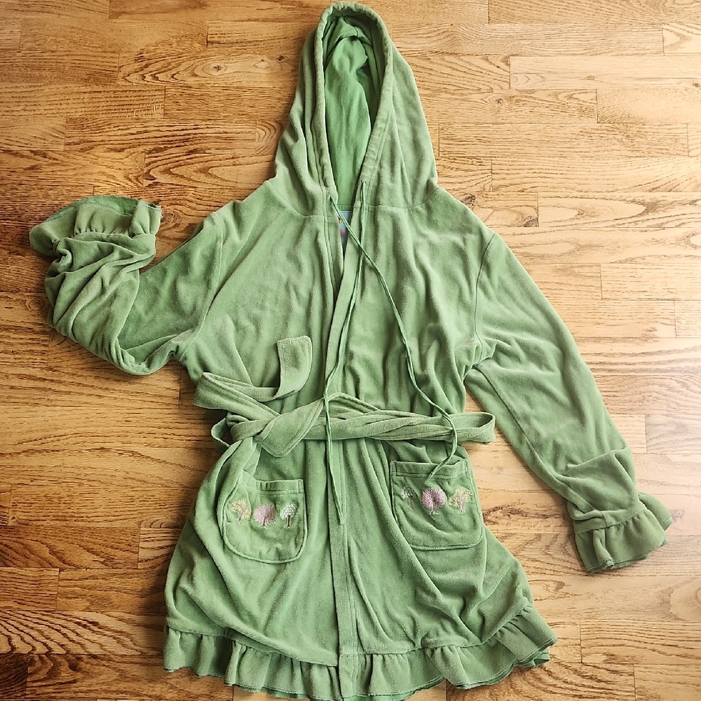 (M) Green Hooded Women's Robe Soft Cozy Lounge Ruffled Weekend Casual Morning